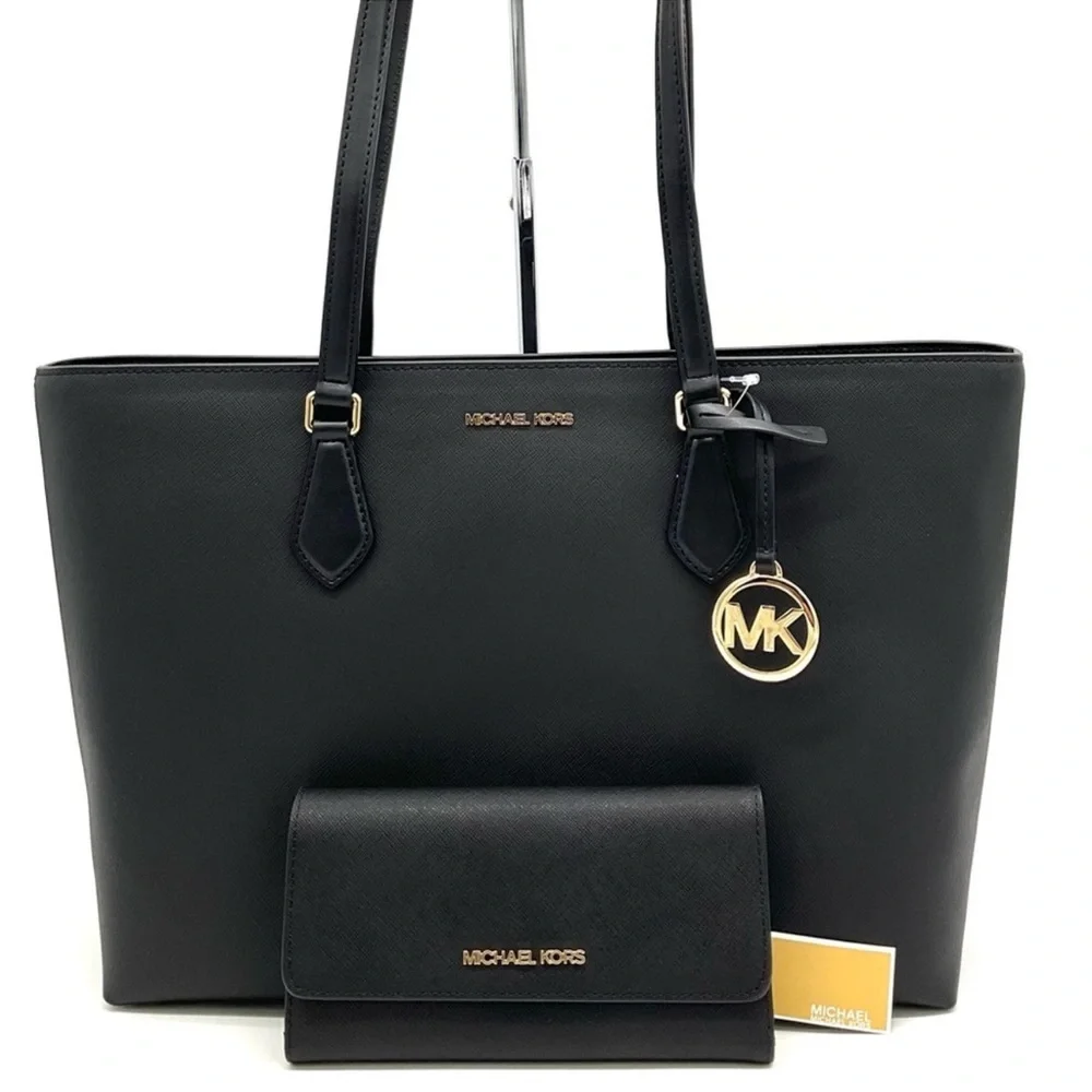 Michael Kors Bag Large Sheila Mf Tote Bag & Large Trifold Wallet Black/Gold